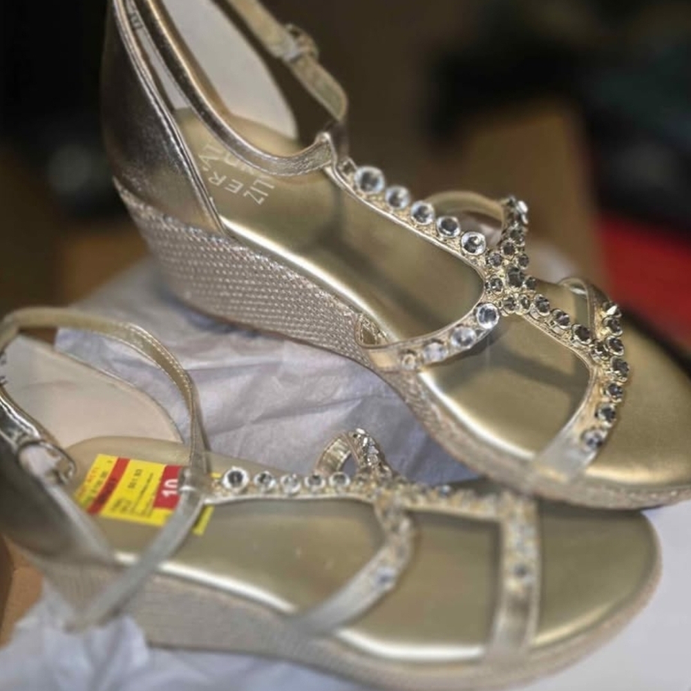Naturalizer Gold Wedge Sandals with Rhinestone Detail